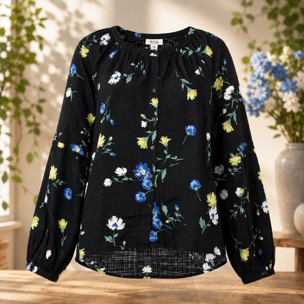 a.n.a Floral Peasant Blouse Women XXL Black Boho Balloon‎ Sleeve Top Cottagecore